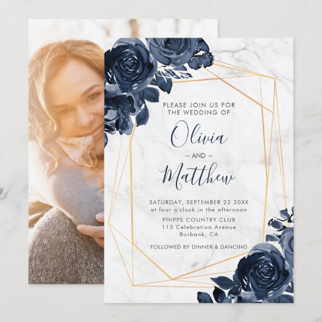 Marble Geometric Gold Blue Roses Photo Wedding Invitation (Front/Back)