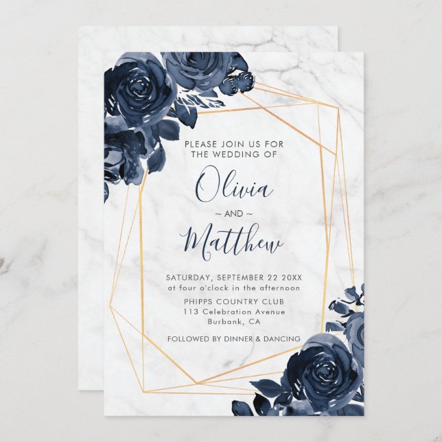 Marble Geometric Gold Blue Roses Wedding Invitation (Front/Back)
