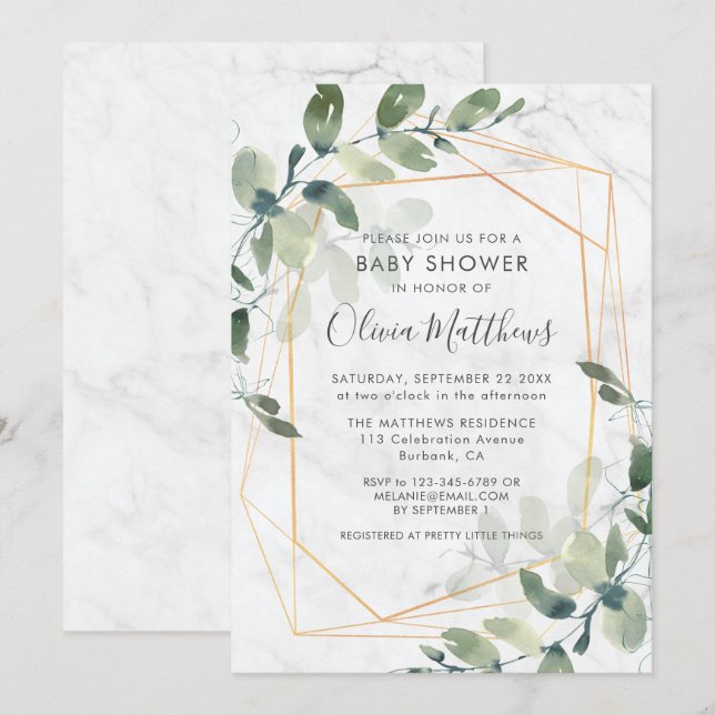 Marble Geometric Gold Eucalyptus Baby Shower Invitation (Front/Back)