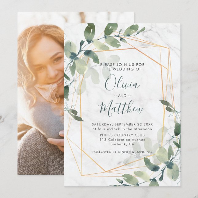 Marble Geometric Gold Eucalyptus Photo Wedding Invitation (Front/Back)