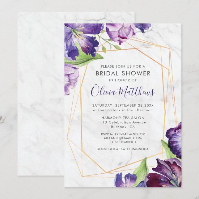 Marble Geometric Gold Purple Tulips Bridal Shower Invitation (Front/Back)
