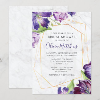 Marble Geometric Gold Purple Tulips Bridal Shower Invitation