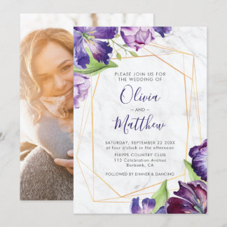 Marble Geometric Gold Purple Tulips Photo Wedding Invitation