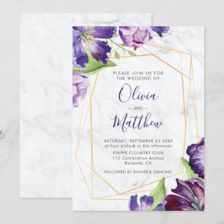 Marble Geometric Gold Purple Tulips Wedding Invitation