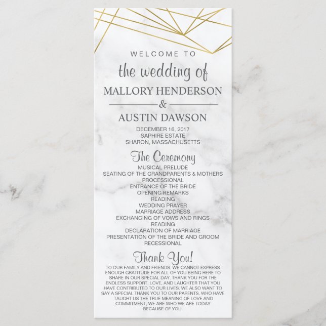 Marble Geometric Modern Wedding Program Front/Back (Front)