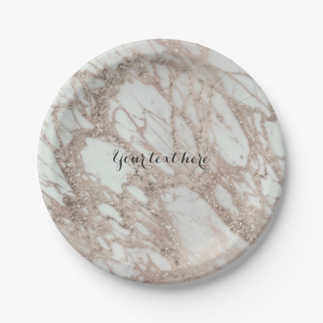 Marble Glam Rose Pink Gold Silver Designer Style Paper Plates (Front)