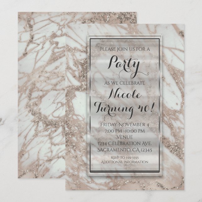 Marble Glam Rose Pink Gold Silver Party Invitation (Front/Back)