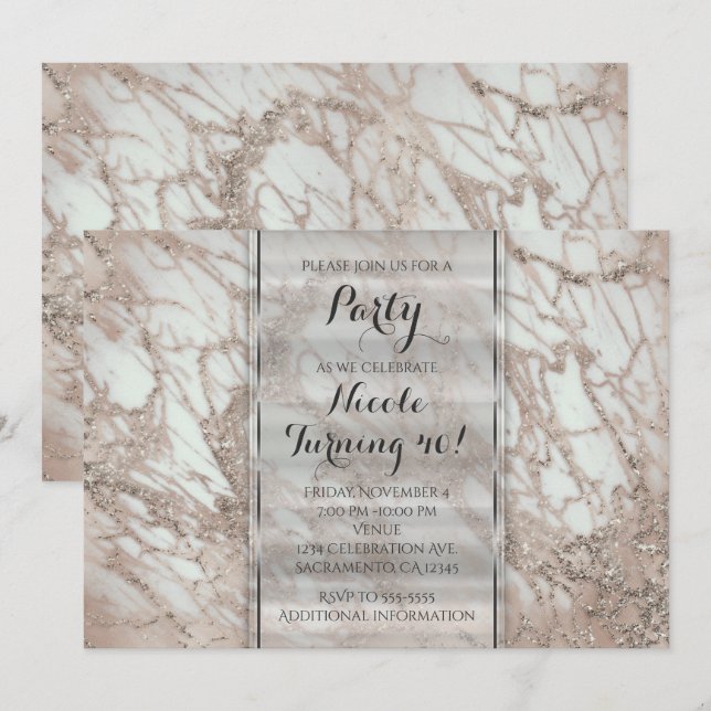 Marble Glam Rose Pink Gold Silver Party Invitation (Front/Back)
