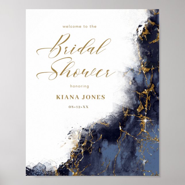 Marble Glitter Bridal Shower Navy Blue Gold ID644 Poster (Front)