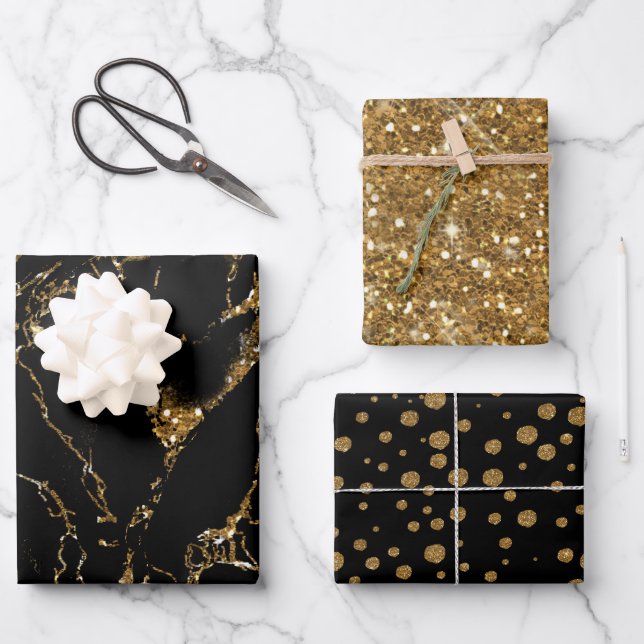 Marble Glitter Polka Dots Black/Gold Wrapping Paper Sheets (Front)