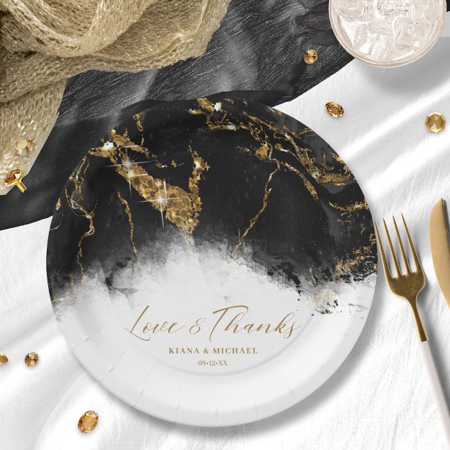 Marble Glitter Wedding Black Gold ID644 Paper Plates (Creator Uploaded)