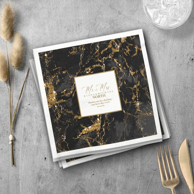 Marble Glitter Wedding Black Gold V2 ID644 Napkins (Creator Uploaded)