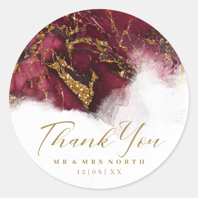 Marble Glitter Wedding Burgundy Gold ID644 Classic Round Sticker (Front)