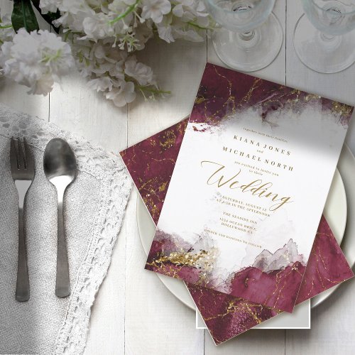 Marble Glitter Wedding Burgundy Gold ID644 Invitation