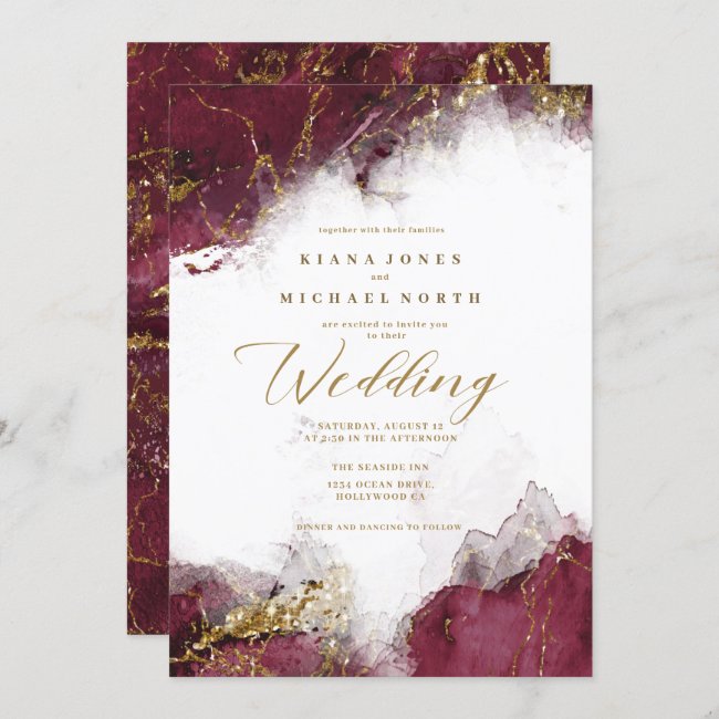 Marble Glitter Wedding Burgundy Gold ID644 Invitation