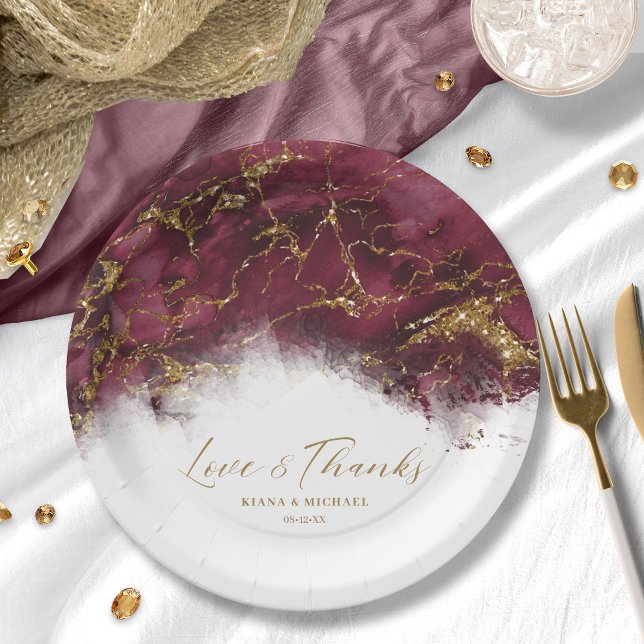 Marble Glitter Wedding Burgundy Gold ID644 Paper Plates (Creator Uploaded)