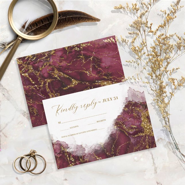 Marble Glitter Wedding Burgundy Gold ID644 RSVP Card (Creator Uploaded)