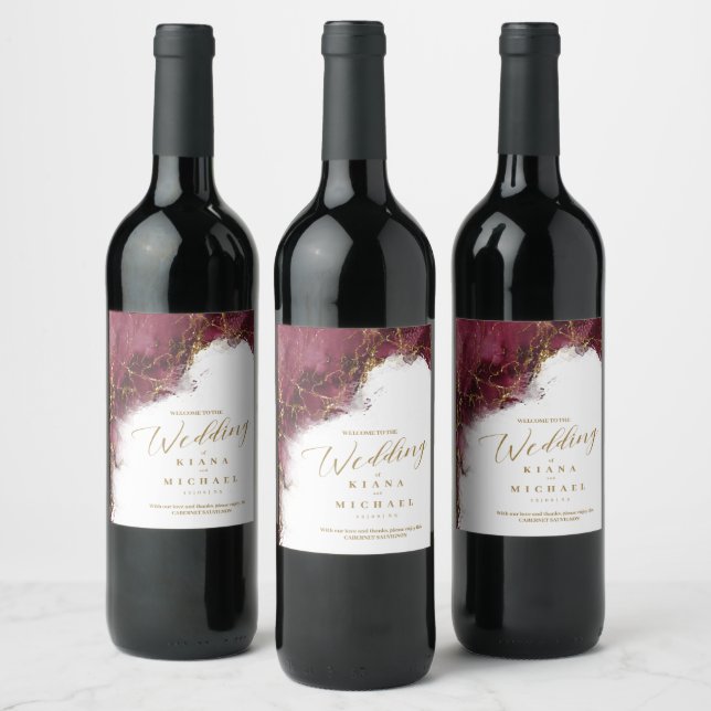 Marble Glitter Wedding Burgundy Gold ID644 Wine Label (Bottles)