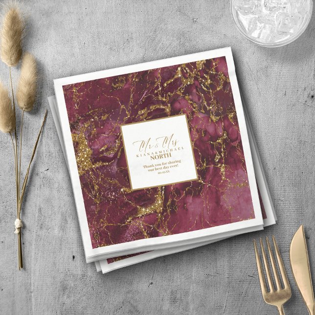 Marble Glitter Wedding Burgundy Gold V2 ID644 Napkins (Creator Uploaded)