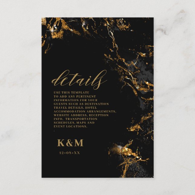 Marble Glitter Wedding Details Black Gold ID644 Enclosure Card (Front)