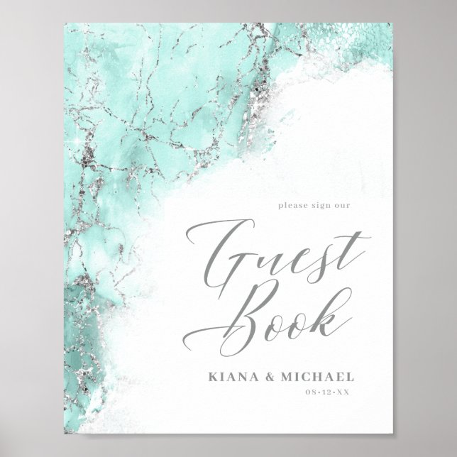Marble Glitter Wedding Guests Teal Silver ID644 Poster (Front)