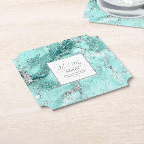 Marble Glitter Wedding Mr  Mrs Teal Silver ID644 Paper Coaster