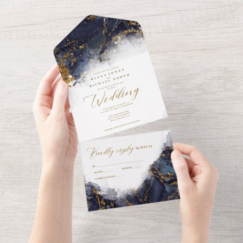 Marble Glitter Wedding Navy Blue Gold ID644 All In One Invitation