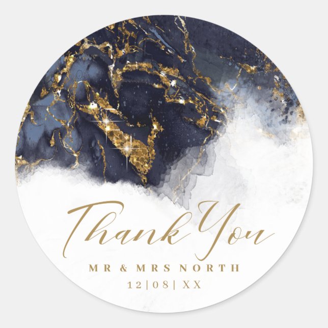 Marble Glitter Wedding Navy Blue Gold ID644 Classic Round Sticker (Front)