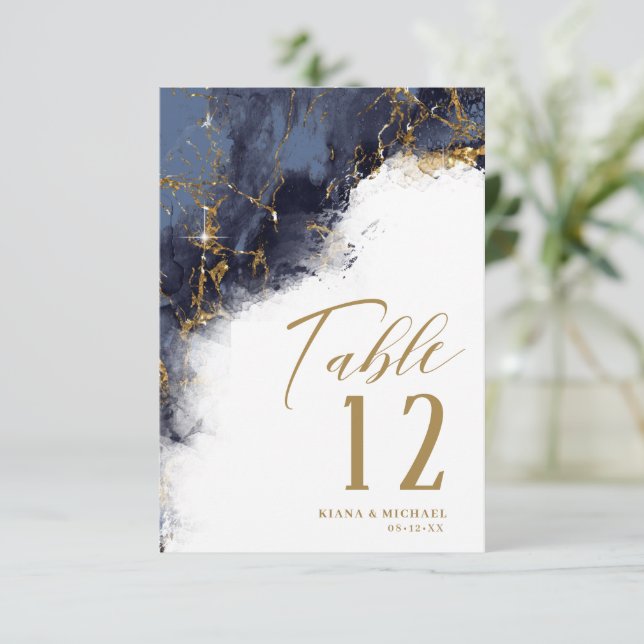 Marble Glitter Wedding Navy Blue Gold ID644 Invitation (Standing Front)