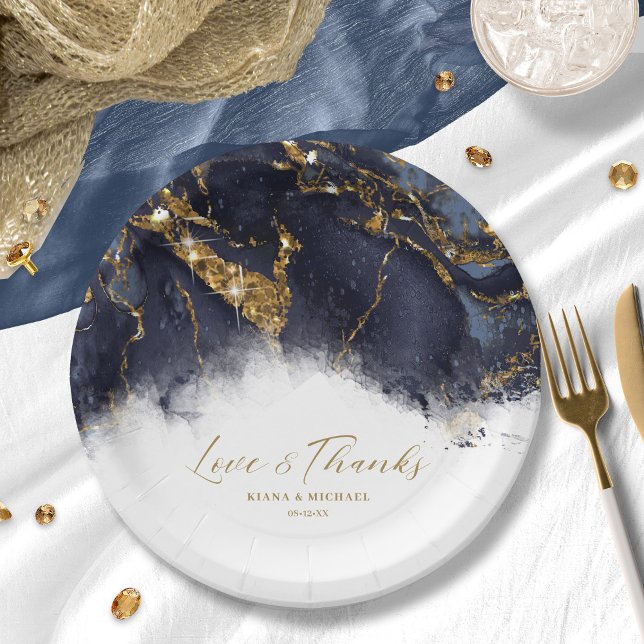 Marble Glitter Wedding Navy Blue Gold ID644 Paper Plates (Creator Uploaded)