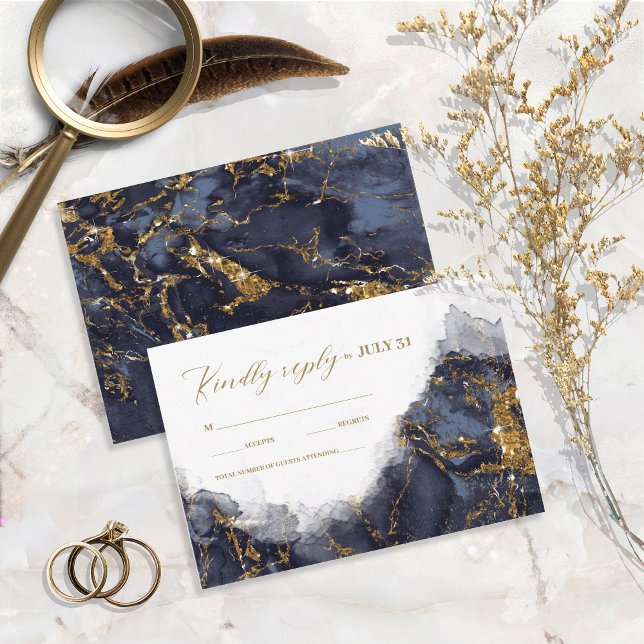 Marble Glitter Wedding Navy Blue Gold ID644 RSVP Card (Creator Uploaded)