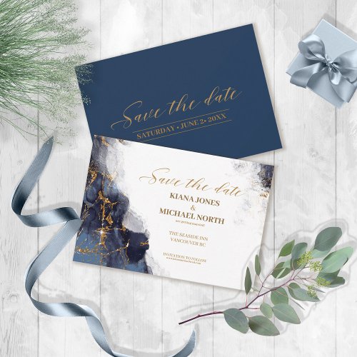 Marble Glitter Wedding Navy Blue Gold ID644 Save The Date