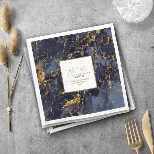 Marble Glitter Wedding Navy Blue Gold V2 ID644 Napkins