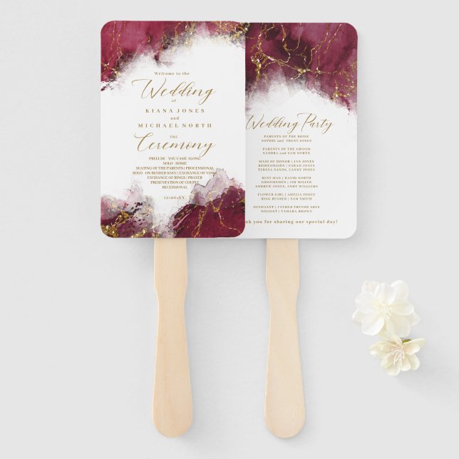 Marble Glitter Wedding Program Burgundy Gold ID644 Hand Fan (Front and Back)