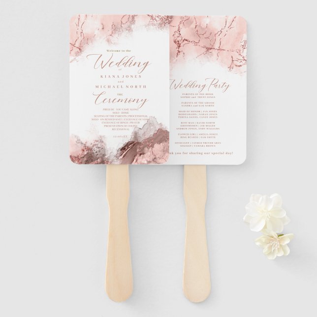 Marble Glitter Wedding Program Rose Gold ID644 Hand Fan (Front and Back)