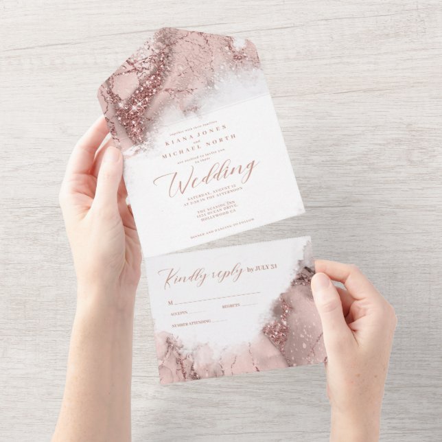 Marble Glitter Wedding Rose Gold ID644 All In One Invitation (Tearaway)