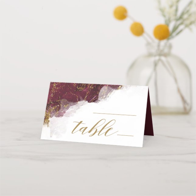 Marble Glitter Wedding Table Burgundy Gold ID644 Place Card (Front)