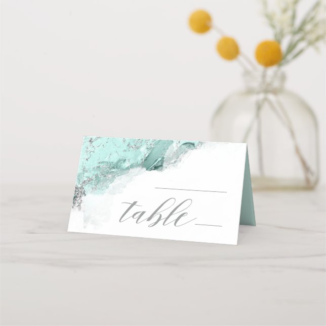 Marble Glitter Wedding Table Teal Silver ID644 Place Card (Front)