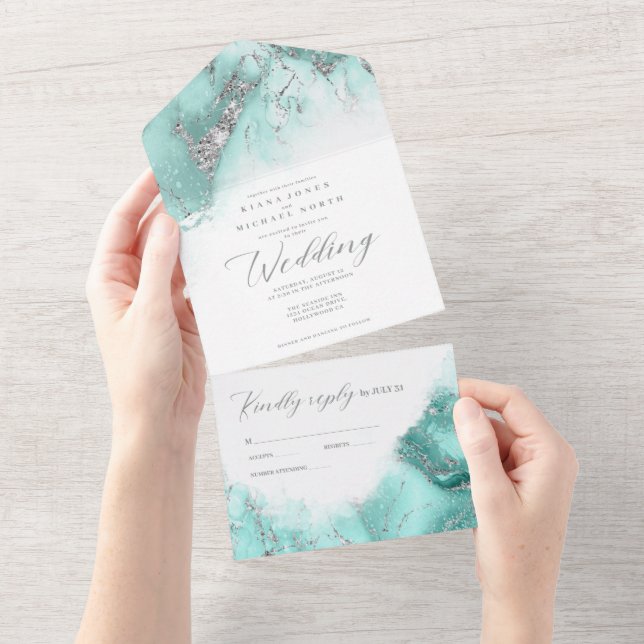 Marble Glitter Wedding Teal/Silver ID644 All In One Invitation (Tearaway)