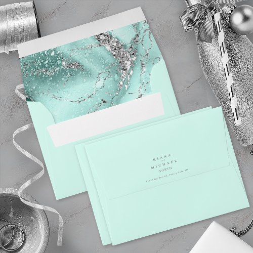 Marble Glitter Wedding Teal Silver ID644 Envelope