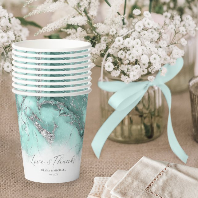Marble Glitter Wedding Teal Silver ID644 Paper Cups (Creator Uploaded)