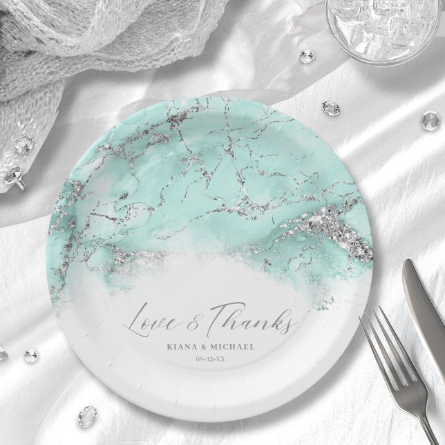 Marble Glitter Wedding Teal Silver ID644 Paper Plates (Creator Uploaded)