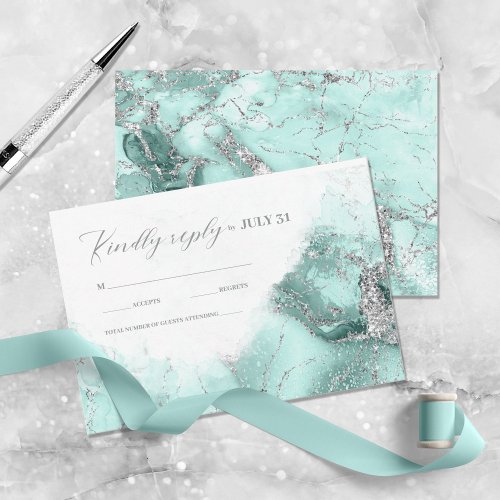 Marble Glitter Wedding Teal Silver ID644 RSVP Card