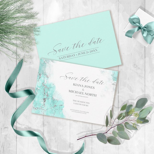 Marble Glitter Wedding Teal Silver ID644 Save The Date (Creator Uploaded)