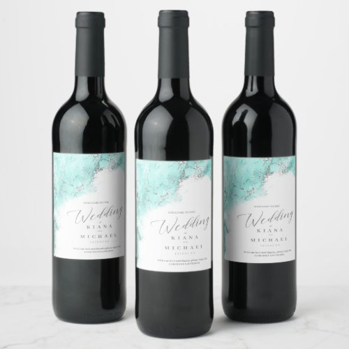 Marble Glitter Wedding Teal Silver ID644 Wine Label