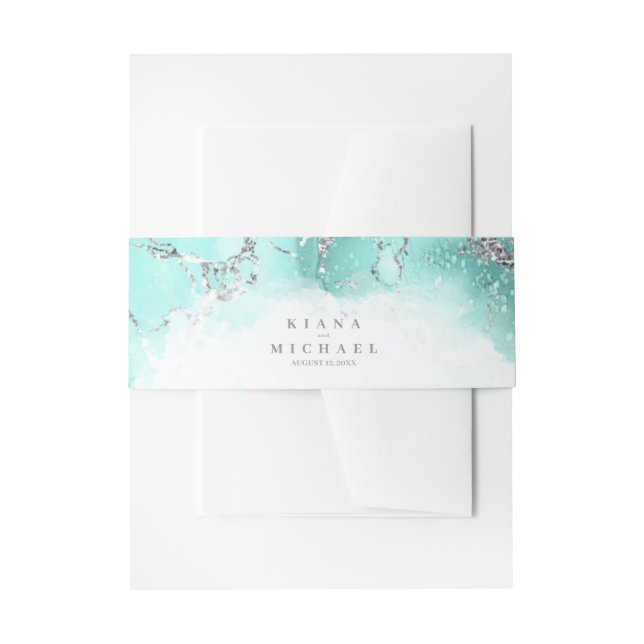 Marble Glitter Wedding Teal Silver V1 ID644 Invitation Belly Band (Front Example)