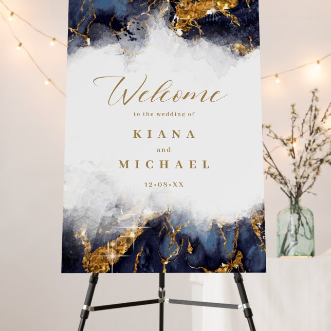 Marble Glitter Wedding Welcome Navy Blue ID644 Foam Board (In Situ (Stand))