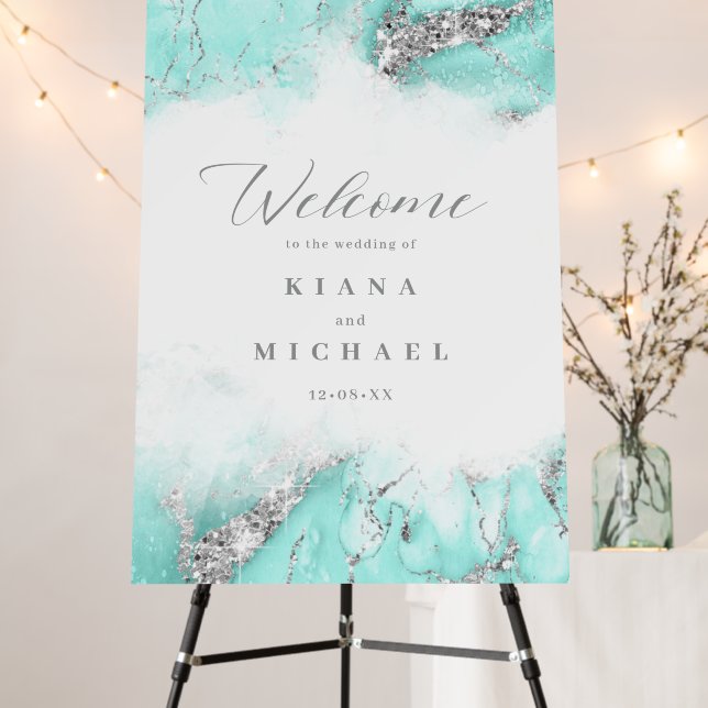 Marble Glitter Wedding Welcome Teal ID644 Foam Board (In Situ (Stand))