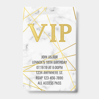 Marble Gold Birthday VIP Pass Badge Invitation