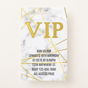 Marble Gold Birthday VIP Pass Badge Invitation
